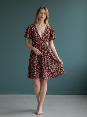 Vintage Y2K Lux Floral V-Neck Flutter Sleeve Dress in Black and Pink